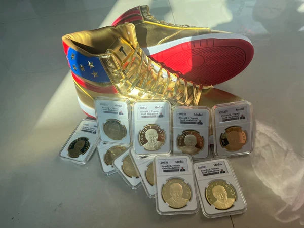 Trump High Top Sneakers + 10 x 2025 Gold Trump Coins - Golden 47 President Bundle